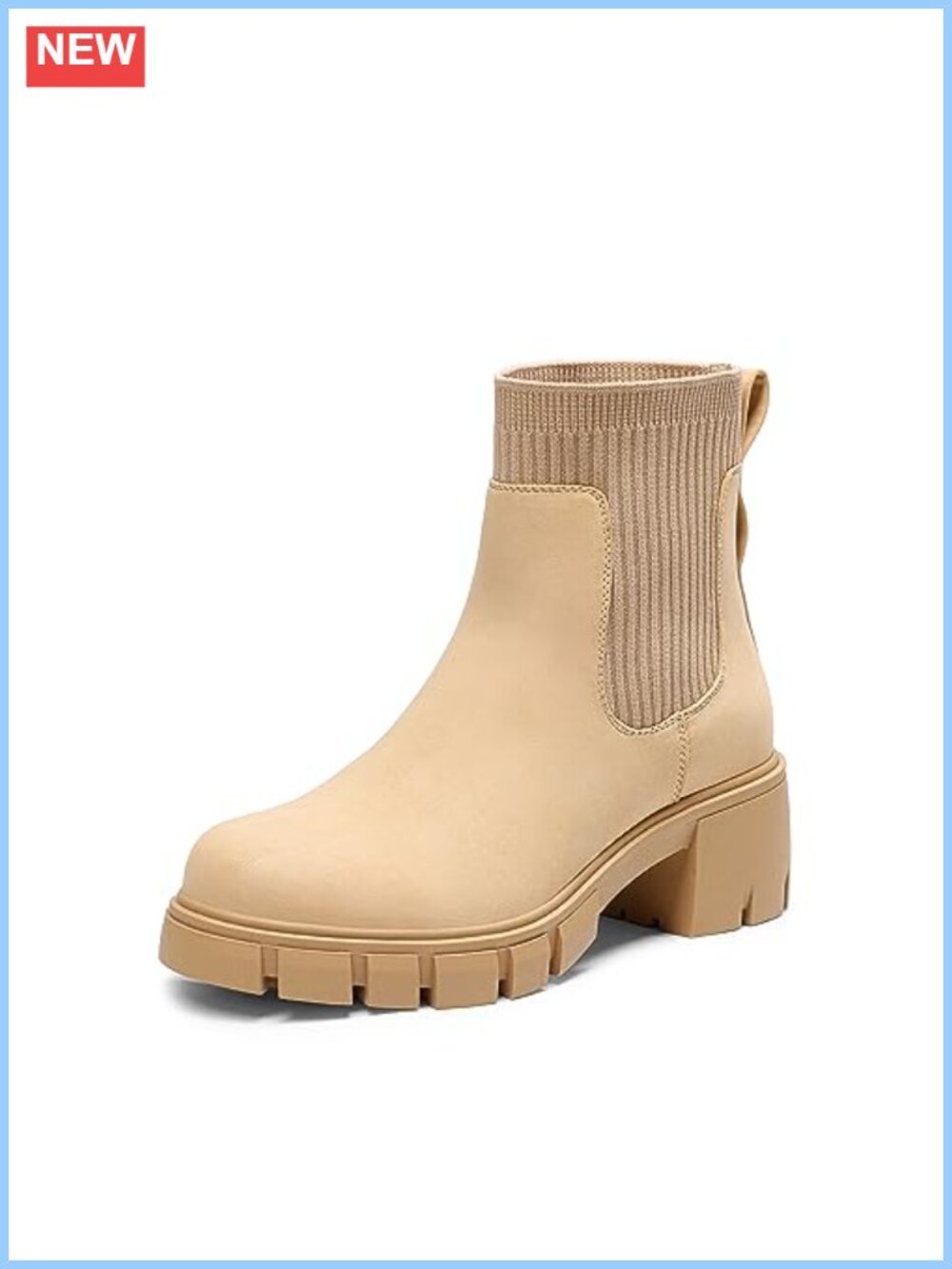 Chelsea Ankle Boots Faux Leather Knit Chunky Heel Lug Sole Women's